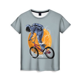Женская футболка 3D с принтом Космический велосипедист (Z) в Новосибирске, 100% полиэфир ( синтетическое хлопкоподобное полотно) | прямой крой, круглый вырез горловины, длина до линии бедер | bicycle | bicyclist | bike | biker | bmx | cycle | galaxy | moon | rider | space | stars | байкер | бмх | вело | велогонщик | велосепедист | велосипед | велоспорт | гонщик | космос | луна