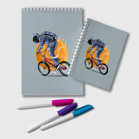 Блокнот с принтом Космический велосипедист (Z) в Новосибирске, 100% бумага | 48 листов, плотность листов — 60 г/м2, плотность картонной обложки — 250 г/м2. Листы скреплены удобной пружинной спиралью. Цвет линий — светло-серый
 | Тематика изображения на принте: bicycle | bicyclist | bike | biker | bmx | cycle | galaxy | moon | rider | space | stars | байкер | бмх | вело | велогонщик | велосепедист | велосипед | велоспорт | гонщик | космос | луна