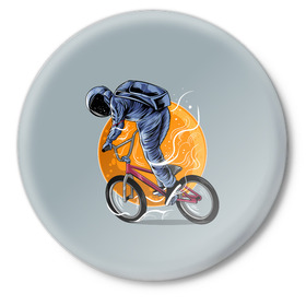 Значок с принтом Космический велосипедист (Z) в Новосибирске,  металл | круглая форма, металлическая застежка в виде булавки | bicycle | bicyclist | bike | biker | bmx | cycle | galaxy | moon | rider | space | stars | байкер | бмх | вело | велогонщик | велосепедист | велосипед | велоспорт | гонщик | космос | луна