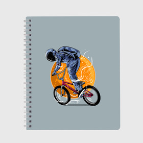 Тетрадь с принтом Космический велосипедист (Z) в Новосибирске, 100% бумага | 48 листов, плотность листов — 60 г/м2, плотность картонной обложки — 250 г/м2. Листы скреплены сбоку удобной пружинной спиралью. Уголки страниц и обложки скругленные. Цвет линий — светло-серый
 | Тематика изображения на принте: bicycle | bicyclist | bike | biker | bmx | cycle | galaxy | moon | rider | space | stars | байкер | бмх | вело | велогонщик | велосепедист | велосипед | велоспорт | гонщик | космос | луна