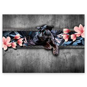 Поздравительная открытка с принтом Пантера и цветы в Новосибирске, 100% бумага | плотность бумаги 280 г/м2, матовая, на обратной стороне линовка и место для марки
 | 3д | 3д картина | 3дэ | голубые глаза | железо | животное | картина | кот | коты | кошка | метал | пантера | хищник | цветы | черная пантера