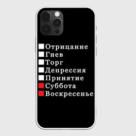 Чехол для iPhone 12 Pro Max с принтом Коротко о моей жизни в Новосибирске, Силикон |  | Тематика изображения на принте: бег по кругу | воскресенье | выходные | гнев | график работы | депрессия | дни недели | неделя | о жизни | отрицание | отрицание гнев торг | принятие | психология | работа | рабочая неделя