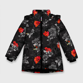 Зимняя куртка для девочек 3D с принтом Красные цветы в Новосибирске, ткань верха — 100% полиэстер; подклад — 100% полиэстер, утеплитель — 100% полиэстер. | длина ниже бедра, удлиненная спинка, воротник стойка и отстегивающийся капюшон. Есть боковые карманы с листочкой на кнопках, утяжки по низу изделия и внутренний карман на молнии. 

Предусмотрены светоотражающий принт на спинке, радужный светоотражающий элемент на пуллере молнии и на резинке для утяжки. | весна | дача | летние цветы | летняя | лето | паттерн | розы | сад | свежесть | текстуры | узор | цветы