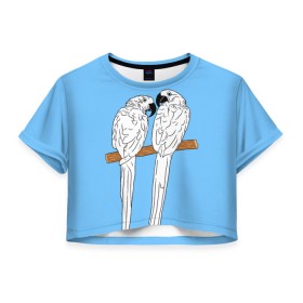Женская футболка Crop-top 3D с принтом Белые попугаи в Новосибирске, 100% полиэстер | круглая горловина, длина футболки до линии талии, рукава с отворотами | bird | parrot | tropical | wings | азия | ара | джунгли | дикие | животные | клюв | крылья | латинская | летние | лето | небесный | острова | отдых | пальмы | перья | попугаи | попугай | птица | птичка | райские | тропики