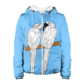 Женская куртка 3D с принтом Белые попугаи в Новосибирске, ткань верха — 100% полиэстер, подклад — флис | прямой крой, подол и капюшон оформлены резинкой с фиксаторами, два кармана без застежек по бокам, один большой потайной карман на груди. Карман на груди застегивается на липучку | bird | parrot | tropical | wings | азия | ара | джунгли | дикие | животные | клюв | крылья | латинская | летние | лето | небесный | острова | отдых | пальмы | перья | попугаи | попугай | птица | птичка | райские | тропики