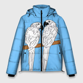 Мужская зимняя куртка 3D с принтом Белые попугаи в Новосибирске, верх — 100% полиэстер; подкладка — 100% полиэстер; утеплитель — 100% полиэстер | длина ниже бедра, свободный силуэт Оверсайз. Есть воротник-стойка, отстегивающийся капюшон и ветрозащитная планка. 

Боковые карманы с листочкой на кнопках и внутренний карман на молнии. | bird | parrot | tropical | wings | азия | ара | джунгли | дикие | животные | клюв | крылья | латинская | летние | лето | небесный | острова | отдых | пальмы | перья | попугаи | попугай | птица | птичка | райские | тропики
