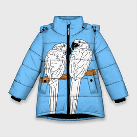 Зимняя куртка для девочек 3D с принтом Белые попугаи в Новосибирске, ткань верха — 100% полиэстер; подклад — 100% полиэстер, утеплитель — 100% полиэстер. | длина ниже бедра, удлиненная спинка, воротник стойка и отстегивающийся капюшон. Есть боковые карманы с листочкой на кнопках, утяжки по низу изделия и внутренний карман на молнии. 

Предусмотрены светоотражающий принт на спинке, радужный светоотражающий элемент на пуллере молнии и на резинке для утяжки. | bird | parrot | tropical | wings | азия | ара | джунгли | дикие | животные | клюв | крылья | латинская | летние | лето | небесный | острова | отдых | пальмы | перья | попугаи | попугай | птица | птичка | райские | тропики