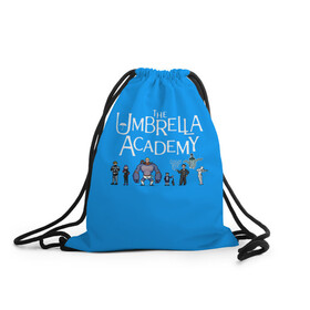 Рюкзак-мешок 3D с принтом The umbrella academy в Новосибирске, 100% полиэстер | плотность ткани — 200 г/м2, размер — 35 х 45 см; лямки — толстые шнурки, застежка на шнуровке, без карманов и подкладки | dark horse comics | netflix | the umbrella academy | umbrella | академия амбрелла | белая скрипка | бен харгривз | комикс | комильфо | космобой | кракен | реджинальд харгривз | сеанс | слух