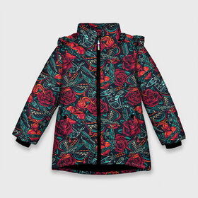 Зимняя куртка для девочек 3D с принтом Тату узор розы и машинки в Новосибирске, ткань верха — 100% полиэстер; подклад — 100% полиэстер, утеплитель — 100% полиэстер. | длина ниже бедра, удлиненная спинка, воротник стойка и отстегивающийся капюшон. Есть боковые карманы с листочкой на кнопках, утяжки по низу изделия и внутренний карман на молнии. 

Предусмотрены светоотражающий принт на спинке, радужный светоотражающий элемент на пуллере молнии и на резинке для утяжки. | венец | венок | кинжал | ласточки | лепестки | ножи | огонь | паттерн | пламя | роза | розы | сердечки | сердце | татумашинка | терновый | узор