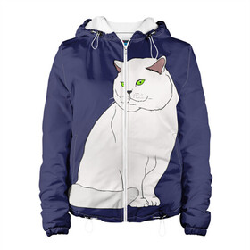 Женская куртка 3D с принтом Белый британский котик в Новосибирске, ткань верха — 100% полиэстер, подклад — флис | прямой крой, подол и капюшон оформлены резинкой с фиксаторами, два кармана без застежек по бокам, один большой потайной карман на груди. Карман на груди застегивается на липучку | cat | cute | kitten | meow | британец | британский | взгляд | друзья | животные | зверек | зверюшки | каваи | киска | котенок | котик | коты | котята | кошак | кошечки | кошки | лапы | милые | мордочка | мяу | няшные