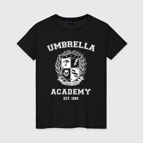 Женская футболка хлопок с принтом Академия Амбрелла в Новосибирске, 100% хлопок | прямой крой, круглый вырез горловины, длина до линии бедер, слегка спущенное плечо | umbrella | umbrella academy | академия амбрелла | амбрелла | герб