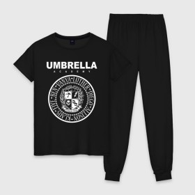Женская пижама хлопок с принтом Академия Амбрелла в Новосибирске, 100% хлопок | брюки и футболка прямого кроя, без карманов, на брюках мягкая резинка на поясе и по низу штанин | umbrella | umbrella academy | академия амбрелла | амбрелла | герб