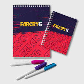 Блокнот с принтом FAR CRY 6 ФАР КРАЙ 6 в Новосибирске, 100% бумага | 48 листов, плотность листов — 60 г/м2, плотность картонной обложки — 250 г/м2. Листы скреплены удобной пружинной спиралью. Цвет линий — светло-серый
 | Тематика изображения на принте: cry | dawn | far | far cry 6 | farcry | farcry 6 | farcry6 | game | games | logo | new | primal | six | антон | дэни | игра | игры | кастильо | край | лого | логотип | рохас | символ | символы | фар | фар край 6 | фаркрай | фаркрай 6 | фаркрай6