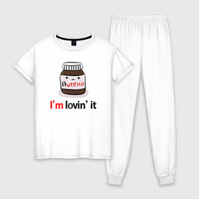 Женская пижама хлопок с принтом Nutella в Новосибирске, 100% хлопок | брюки и футболка прямого кроя, без карманов, на брюках мягкая резинка на поясе и по низу штанин | nutella | вкусно | вкусняшка | любовь | нутелла | нутэлла | сладкое