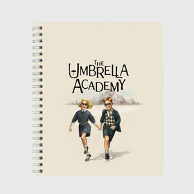 Тетрадь с принтом The umbrella academy в Новосибирске, 100% бумага | 48 листов, плотность листов — 60 г/м2, плотность картонной обложки — 250 г/м2. Листы скреплены сбоку удобной пружинной спиралью. Уголки страниц и обложки скругленные. Цвет линий — светло-серый
 | Тематика изображения на принте: dark horse comics | netflix | the umbrella academy | umbrella | академия амбрелла | белая скрипка | бен харгривз | комикс | комильфо | космобой | кракен | реджинальд харгривз | сеанс | слух