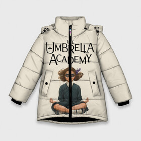 Зимняя куртка для девочек 3D с принтом The umbrella academy в Новосибирске, ткань верха — 100% полиэстер; подклад — 100% полиэстер, утеплитель — 100% полиэстер. | длина ниже бедра, удлиненная спинка, воротник стойка и отстегивающийся капюшон. Есть боковые карманы с листочкой на кнопках, утяжки по низу изделия и внутренний карман на молнии. 

Предусмотрены светоотражающий принт на спинке, радужный светоотражающий элемент на пуллере молнии и на резинке для утяжки. | dark horse comics | netflix | the umbrella academy | umbrella | академия амбрелла | белая скрипка | бен харгривз | комикс | комильфо | космобой | кракен | реджинальд харгривз | сеанс | слух