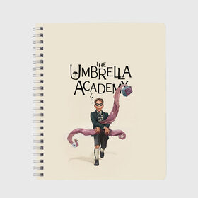 Тетрадь с принтом The umbrella academy в Новосибирске, 100% бумага | 48 листов, плотность листов — 60 г/м2, плотность картонной обложки — 250 г/м2. Листы скреплены сбоку удобной пружинной спиралью. Уголки страниц и обложки скругленные. Цвет линий — светло-серый
 | Тематика изображения на принте: dark horse comics | netflix | the umbrella academy | umbrella | академия амбрелла | белая скрипка | бен харгривз | комикс | комильфо | космобой | кракен | реджинальд харгривз | сеанс | слух