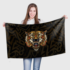 Флаг 3D с принтом Тигровый стимпанк (Tiger) в Новосибирске, 100% полиэстер | плотность ткани — 95 г/м2, размер — 67 х 109 см. Принт наносится с одной стороны | барс | волк | детёныш | джунгли | енот | животное | злость | зубр | клыки | кот | лев | леопард | лес | листья | львица | медведь | монстр | оскал | охотник | пасть | полосы | пятнистая | рык | рычание | тигр