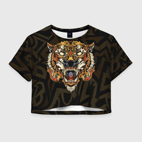 Женская футболка Crop-top 3D с принтом Тигровый стимпанк (Tiger) в Новосибирске, 100% полиэстер | круглая горловина, длина футболки до линии талии, рукава с отворотами | Тематика изображения на принте: барс | волк | детёныш | джунгли | енот | животное | злость | зубр | клыки | кот | лев | леопард | лес | листья | львица | медведь | монстр | оскал | охотник | пасть | полосы | пятнистая | рык | рычание | тигр