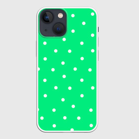 Чехол для iPhone 13 mini с принтом Горошек на зеленом в Новосибирске,  |  | baby | casual | girl | green | pattern | геометрия | горох | горошек | девушкам | детские | зелень | круги | круглый | кружочки | летние | лето | листья | многоточие | мятный | нежные | орнамент | пастельные | паттерн