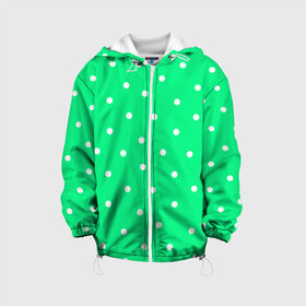 Детская куртка 3D с принтом Горошек на зеленом в Новосибирске, 100% полиэстер | застежка — молния, подол и капюшон оформлены резинкой с фиксаторами, по бокам — два кармана без застежек, один потайной карман на груди, плотность верхнего слоя — 90 г/м2; плотность флисового подклада — 260 г/м2 | baby | casual | girl | green | pattern | геометрия | горох | горошек | девушкам | детские | зелень | круги | круглый | кружочки | летние | лето | листья | многоточие | мятный | нежные | орнамент | пастельные | паттерн