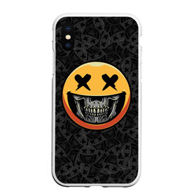 Чехол для iPhone XS Max матовый с принтом Смайлик на черепе (Emoji) в Новосибирске, Силикон | Область печати: задняя сторона чехла, без боковых панелей | аська | весёлый | гамлет | голова | графика | жёлтый | иконка | колобок | кости | кость | круг | мозг | настроение | печаль | печалька | пираты | радость | родже | рожица | скелет | скобка | смайл | смех