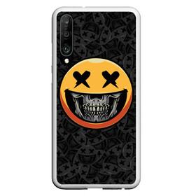 Чехол для Honor P30 с принтом Смайлик на черепе (Emoji) в Новосибирске, Силикон | Область печати: задняя сторона чехла, без боковых панелей | аська | весёлый | гамлет | голова | графика | жёлтый | иконка | колобок | кости | кость | круг | мозг | настроение | печаль | печалька | пираты | радость | родже | рожица | скелет | скобка | смайл | смех