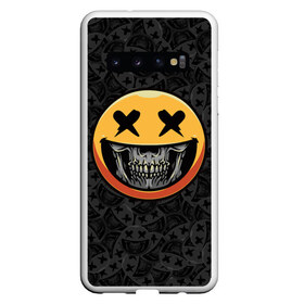 Чехол для Samsung Galaxy S10 с принтом Смайлик на черепе (Emoji) в Новосибирске, Силикон | Область печати: задняя сторона чехла, без боковых панелей | аська | весёлый | гамлет | голова | графика | жёлтый | иконка | колобок | кости | кость | круг | мозг | настроение | печаль | печалька | пираты | радость | родже | рожица | скелет | скобка | смайл | смех