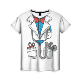 Женская футболка 3D с принтом Докторский халат в Новосибирске, 100% полиэфир ( синтетическое хлопкоподобное полотно) | прямой крой, круглый вырез горловины, длина до линии бедер | cosplay | doctor | surgeon | бабочка | больничный | в виде врача | врач | врача | врачебный | госпиталь | для ролевых игр | доктор | доктора | докторский | карманы | косплей | костюм врача | стетоскоп | халат