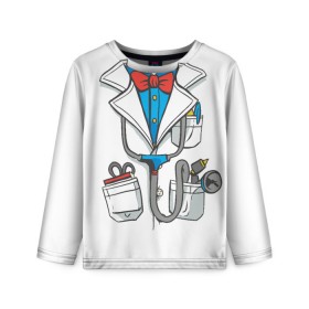 Детский лонгслив 3D с принтом Докторский халат в Новосибирске, 100% полиэстер | длинные рукава, круглый вырез горловины, полуприлегающий силуэт
 | cosplay | doctor | surgeon | бабочка | больничный | в виде врача | врач | врача | врачебный | госпиталь | для ролевых игр | доктор | доктора | докторский | карманы | косплей | костюм врача | стетоскоп | халат