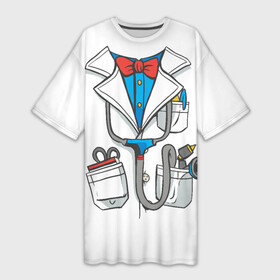 Платье-футболка 3D с принтом Докторский халат в Новосибирске,  |  | cosplay | doctor | surgeon | бабочка | больничный | в виде врача | врач | врача | врачебный | госпиталь | для ролевых игр | доктор | доктора | докторский | карманы | косплей | костюм врача | стетоскоп | халат