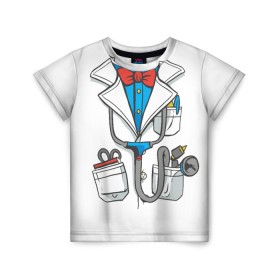 Детская футболка 3D с принтом Докторский халат в Новосибирске, 100% гипоаллергенный полиэфир | прямой крой, круглый вырез горловины, длина до линии бедер, чуть спущенное плечо, ткань немного тянется | cosplay | doctor | surgeon | бабочка | больничный | в виде врача | врач | врача | врачебный | госпиталь | для ролевых игр | доктор | доктора | докторский | карманы | косплей | костюм врача | стетоскоп | халат