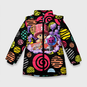 Зимняя куртка для девочек 3D с принтом Ван Пис Чоппер в Новосибирске, ткань верха — 100% полиэстер; подклад — 100% полиэстер, утеплитель — 100% полиэстер. | длина ниже бедра, удлиненная спинка, воротник стойка и отстегивающийся капюшон. Есть боковые карманы с листочкой на кнопках, утяжки по низу изделия и внутренний карман на молнии. 

Предусмотрены светоотражающий принт на спинке, радужный светоотражающий элемент на пуллере молнии и на резинке для утяжки. | Тематика изображения на принте: brook | chopper | kid | lo | luffy | monkey | nami | one piece | pirates | robin | sanji | usopp | zoro | белоус | брук | ван пис | джимбей | зоро | йонко | кайдо | кид | ло | луффи | мугивара | мугивары | нами | пираты | робин | роджер | сандж