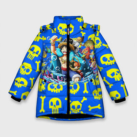 Зимняя куртка для девочек 3D с принтом Ван Пис Луффи в Новосибирске, ткань верха — 100% полиэстер; подклад — 100% полиэстер, утеплитель — 100% полиэстер. | длина ниже бедра, удлиненная спинка, воротник стойка и отстегивающийся капюшон. Есть боковые карманы с листочкой на кнопках, утяжки по низу изделия и внутренний карман на молнии. 

Предусмотрены светоотражающий принт на спинке, радужный светоотражающий элемент на пуллере молнии и на резинке для утяжки. | brook | chopper | kid | lo | luffy | monkey | nami | one piece | pirates | robin | sanji | usopp | zoro | белоус | брук | ван пис | джимбей | зоро | йонко | кайдо | кид | ло | луффи | мугивара | мугивары | нами | пираты | робин | роджер | сандж