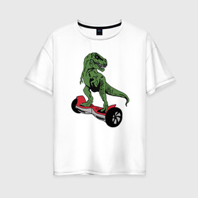 Женская футболка хлопок Oversize с принтом Динозавр на гироскутере в Новосибирске, 100% хлопок | свободный крой, круглый ворот, спущенный рукав, длина до линии бедер
 | electric | scooter | гироскутер | детские | дикие | динозавр | динозаврик | зверь | колеса | крутые | летний | лето | молодежь | пацанские | подростковые | популярные | самокат | скейт | скутер | транспорт