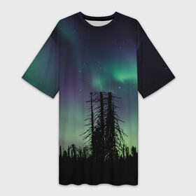 Платье-футболка 3D с принтом Северное сияние в Новосибирске,  |  | дерево | деревья | звезда | звездное | звезды | космический | космос | космосе | кусты | лес | леса | лесной | лучи | небо | ночное | ночь | природа | север | северное | сияние | сиянием | сияния
