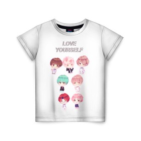 Детская футболка 3D с принтом BTS Love Yourself в Новосибирске, 100% гипоаллергенный полиэфир | прямой крой, круглый вырез горловины, длина до линии бедер, чуть спущенное плечо, ткань немного тянется | Тематика изображения на принте: bts | k pop | love | love yourself | битиес