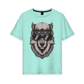 Женская футболка хлопок Oversize с принтом Волк в очках в Новосибирске, 100% хлопок | свободный крой, круглый ворот, спущенный рукав, длина до линии бедер
 | wolf | волк | волк в кепке | волк в кепке и очках | волк в очках | голова волка | крутой волк