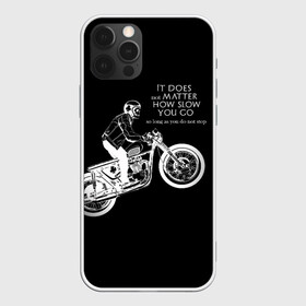 Чехол для iPhone 12 Pro с принтом Байкер в Новосибирске, силикон | область печати: задняя сторона чехла, без боковых панелей | байк | байкер | гонщик | мотоцикл | мужская | надпись | черно белая | черный