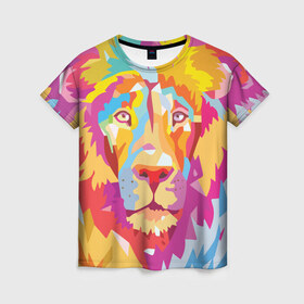 Женская футболка 3D с принтом Акварельный лев в Новосибирске, 100% полиэфир ( синтетическое хлопкоподобное полотно) | прямой крой, круглый вырез горловины, длина до линии бедер | арт | грива | деко | жедтая | животные | закат | зверей | золото | кошка | лев | лето | львенок | неоновая | очки | пляж | прайд | разноцветная | солнце | тигр | узоры | царь | яркие