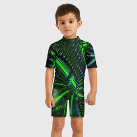 Детский купальный костюм 3D с принтом DIGITAL NEON GREEN в Новосибирске, Полиэстер 85%, Спандекс 15% | застежка на молнии на спине | abstract | abstraction | color | fractal | geometry | paitnt | psy | rdtktr | абстракция | геометрия | краски | неоновые | психоделика | фрактал