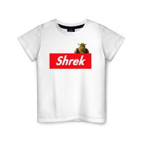 Детская футболка хлопок с принтом Shrek в Новосибирске, 100% хлопок | круглый вырез горловины, полуприлегающий силуэт, длина до линии бедер | shrek | shrek is life | мемы | огр кек | суприм | суприм лого | шрек