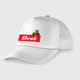 Детская кепка тракер с принтом Shrek в Новосибирске, Козырек - 100% хлопок. Кепка - 100% полиэстер, Задняя часть - сетка | универсальный размер, пластиковая застёжка | Тематика изображения на принте: shrek | shrek is life | мемы | огр кек | суприм | суприм лого | шрек