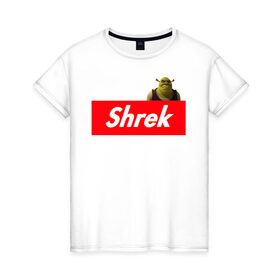 Женская футболка хлопок с принтом Shrek в Новосибирске, 100% хлопок | прямой крой, круглый вырез горловины, длина до линии бедер, слегка спущенное плечо | shrek | shrek is life | мемы | огр кек | суприм | суприм лого | шрек