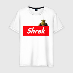 Мужская футболка хлопок с принтом Shrek в Новосибирске, 100% хлопок | прямой крой, круглый вырез горловины, длина до линии бедер, слегка спущенное плечо. | shrek | shrek is life | мемы | огр кек | суприм | суприм лого | шрек