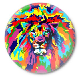 Значок с принтом Лев Artistic Art в Новосибирске,  металл | круглая форма, металлическая застежка в виде булавки | king | lion | neon | африка | голова | граффити | грива | дикий | животные | зверь | зодиак | картина | король | краски | красочный | лев | львенок | львиное | львица | неон | неоновые | радуга | радужный | рисунок