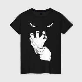 Женская футболка хлопок с принтом Halloween в Новосибирске, 100% хлопок | прямой крой, круглый вырез горловины, длина до линии бедер, слегка спущенное плечо | eyes | ghost | gloves | halloween | глаза | перчатки | привидение | призрак | хэллоуин
