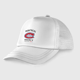 Детская кепка тракер с принтом MONTREAL CANADIENS в Новосибирске, Козырек - 100% хлопок. Кепка - 100% полиэстер, Задняя часть - сетка | универсальный размер, пластиковая застёжка | Тематика изображения на принте: canadiens | hockey | montreal | nhl | sport | usa | канада | клюшки | монреаль | нхл | спорт | хоккей | шайбу