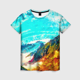 Женская футболка 3D с принтом Японские горы в Новосибирске, 100% полиэфир ( синтетическое хлопкоподобное полотно) | прямой крой, круглый вырез горловины, длина до линии бедер | art | japan | summer | азия | акварель | восток | восход | горы | деревья | искусство | картина | краски | красочный | лес | летние | лето | мазки | небесный | облака | пейзаж | природа | разноцветные | рассвет