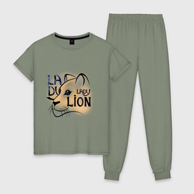 Женская пижама хлопок с принтом LADY LION в Новосибирске, 100% хлопок | брюки и футболка прямого кроя, без карманов, на брюках мягкая резинка на поясе и по низу штанин | lion | в августе | знаки зодиака | лев | лев по гороскопу | львица | подарить львице
